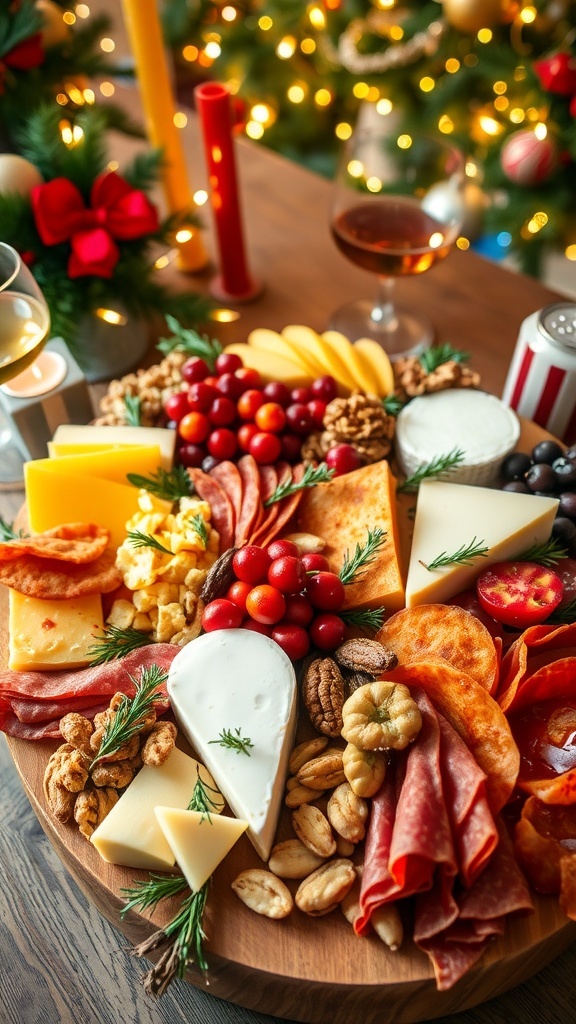 A festive Christmas charcuterie board with meats, cheeses, fruits, and nuts, decorated for the holiday season.